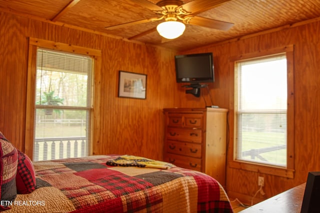 bedroom with wood ceiling, ceiling fan, and wooden walls