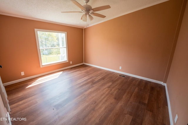 unfurnished room with ornamental molding, a textured ceiling, ceiling fan, and hardwood / wood-style floors