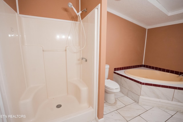 bathroom with a textured ceiling, toilet, shower with separate bathtub, and tile flooring