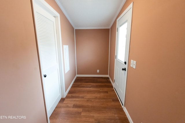 hallway featuring crown molding and dark wood-type flooring