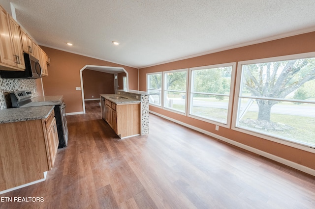 kitchen with appliances with stainless steel finishes, a textured ceiling, vaulted ceiling, and hardwood / wood-style flooring