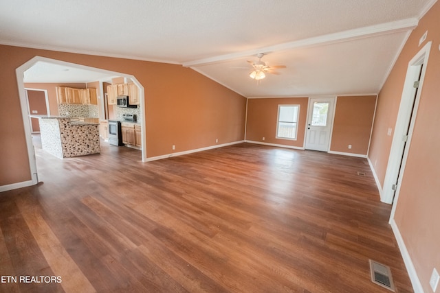 unfurnished living room with vaulted ceiling, ceiling fan, hardwood / wood-style flooring, and ornamental molding