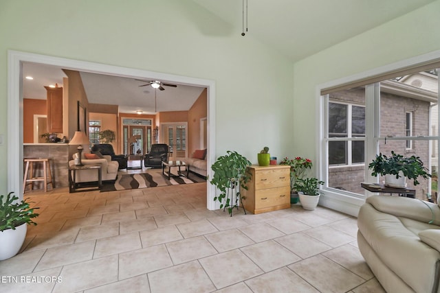 57 Inwood Ter, Crossville, TN 38558 - interior space featuring light tile patterned flooring, high vaulted ceiling, and a ceiling fan