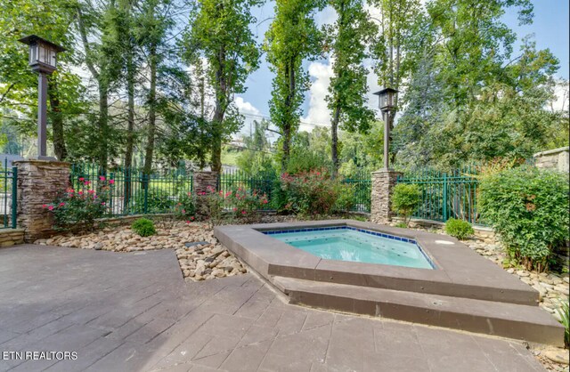 view of swimming pool with a patio area and an in ground hot tub