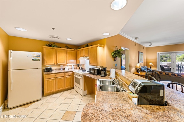 kitchen featuring light tile floors, sink, white appliances, ornamental molding, and light stone countertops