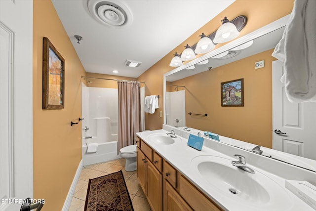 full bathroom with shower / tub combo with curtain, tile floors, toilet, and dual vanity