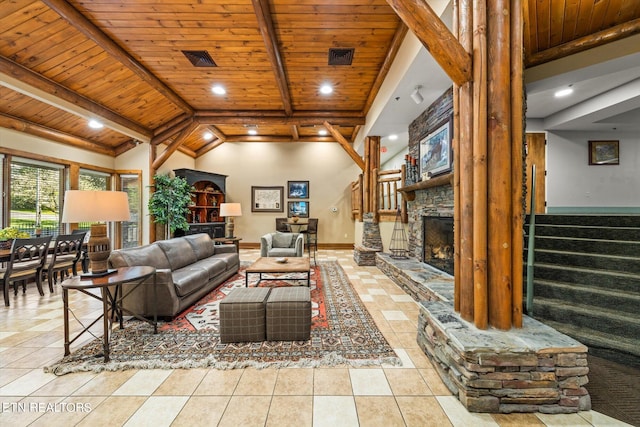 living room featuring tile flooring, wooden ceiling, lofted ceiling with beams, and a fireplace