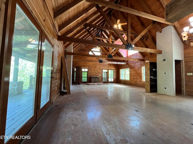 unfurnished living room with wood ceiling, high vaulted ceiling, wooden walls, and wood-type flooring