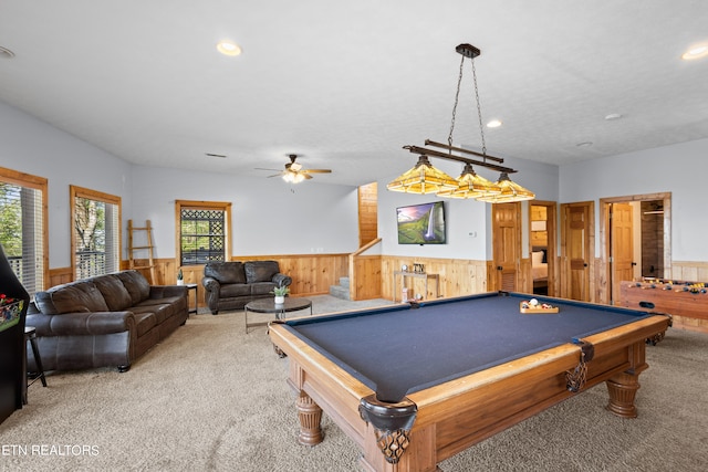 rec room with pool table, ceiling fan, and carpet floors