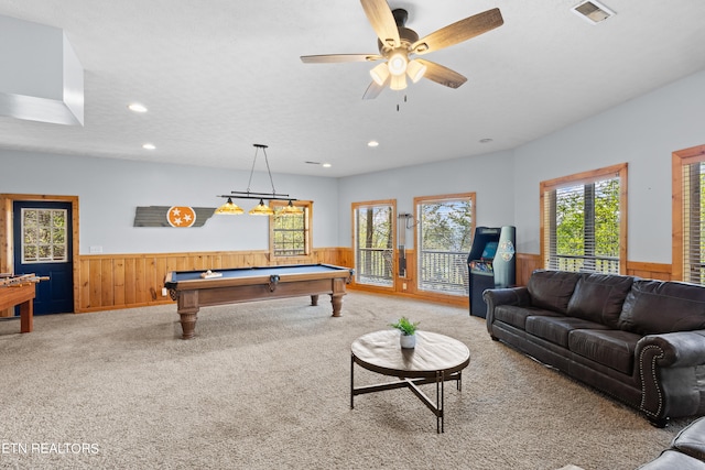 playroom featuring ceiling fan, carpet floors, and pool table