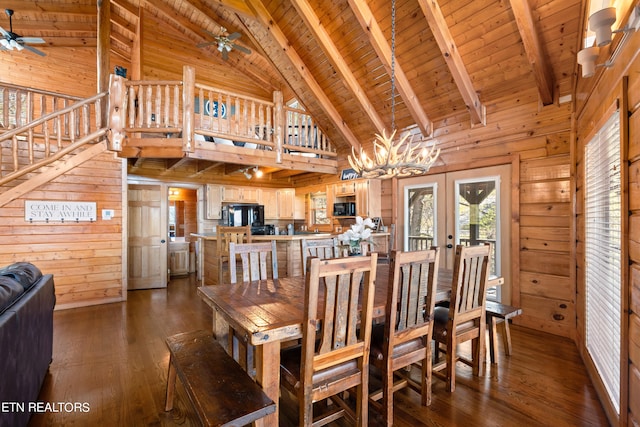 dining space featuring wooden walls, wood-type flooring, and wooden ceiling