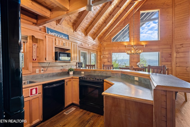 kitchen featuring wood ceiling, dark wood-type flooring, wooden walls, and black appliances