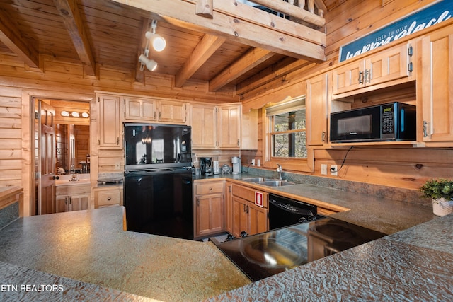 kitchen featuring track lighting, black appliances, beam ceiling, wood ceiling, and sink