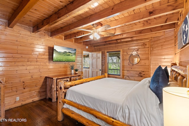 bedroom with wood ceiling, wooden walls, beamed ceiling, and hardwood / wood-style floors