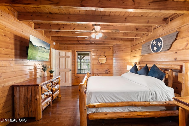 bedroom featuring hardwood / wood-style flooring, wood walls, and beamed ceiling