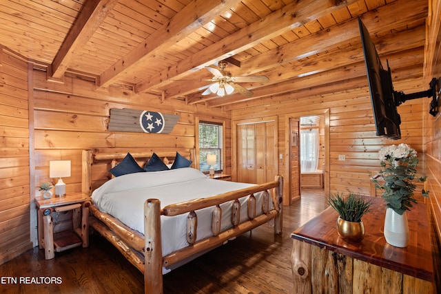 bedroom with wood ceiling, dark hardwood / wood-style flooring, beam ceiling, and ceiling fan