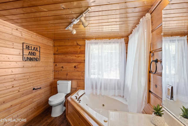 bathroom with a wealth of natural light, wood walls, toilet, and track lighting