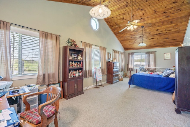 carpeted bedroom with wooden ceiling, high vaulted ceiling, and ceiling fan