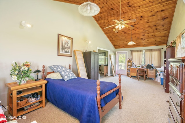 bedroom featuring high vaulted ceiling, wooden ceiling, ceiling fan, and carpet flooring