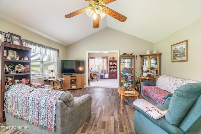 living room with a wealth of natural light, ceiling fan, hardwood / wood-style floors, and lofted ceiling