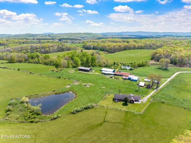 birds eye view of property featuring a rural view and a water view