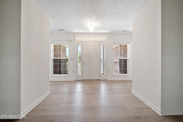 foyer entrance with wood-type flooring and a textured ceiling