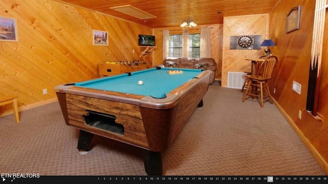 recreation room featuring wooden ceiling, wood walls, billiards, and carpet flooring