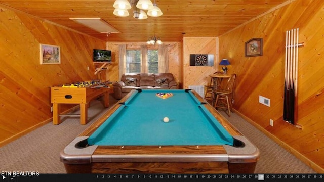 rec room with pool table, wood walls, carpet floors, and wood ceiling