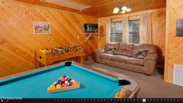 playroom featuring wooden ceiling, wood walls, carpet flooring, and pool table