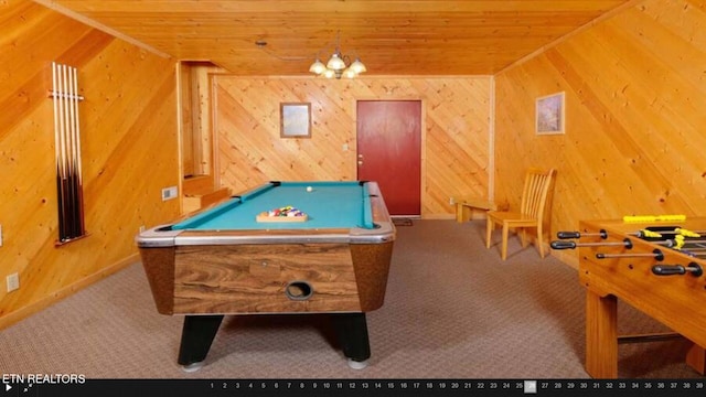 playroom featuring wood ceiling, wood walls, billiards, and carpet flooring