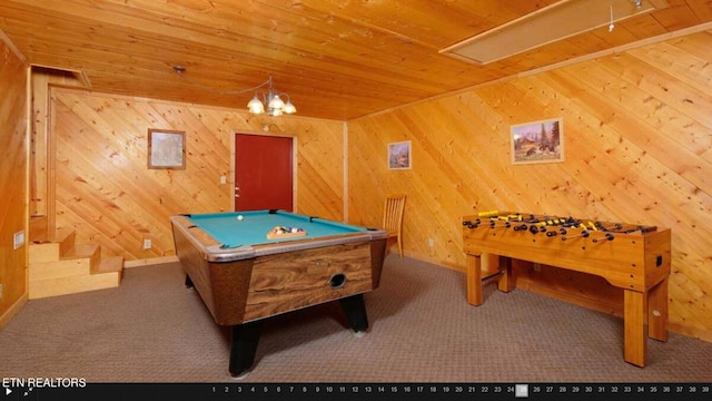 recreation room with carpet floors, wooden walls, pool table, and wood ceiling