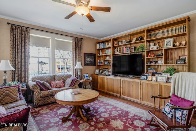 living room with hardwood / wood-style floors, ornamental molding, and ceiling fan