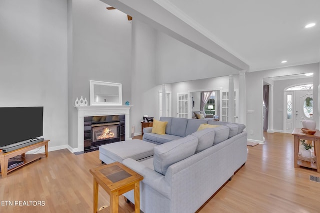 living room with light hardwood / wood-style flooring, a healthy amount of sunlight, and a tile fireplace