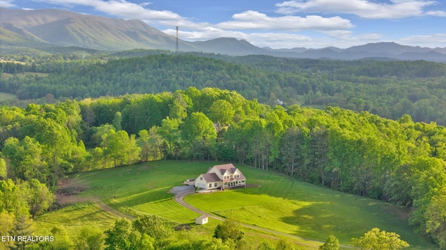 drone / aerial view featuring a mountain view