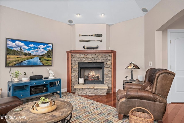 living room with wood-type flooring and a stone fireplace