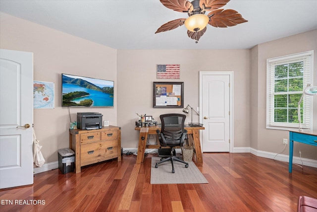 office space with dark wood-type flooring and ceiling fan