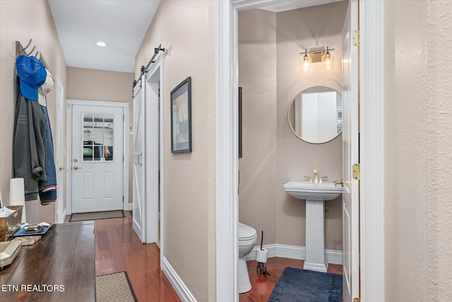 corridor featuring a barn door, hardwood / wood-style flooring, and sink