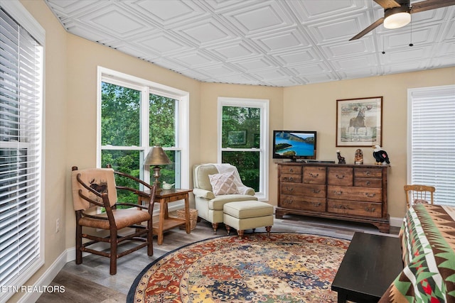 sitting room featuring ceiling fan and wood-type flooring