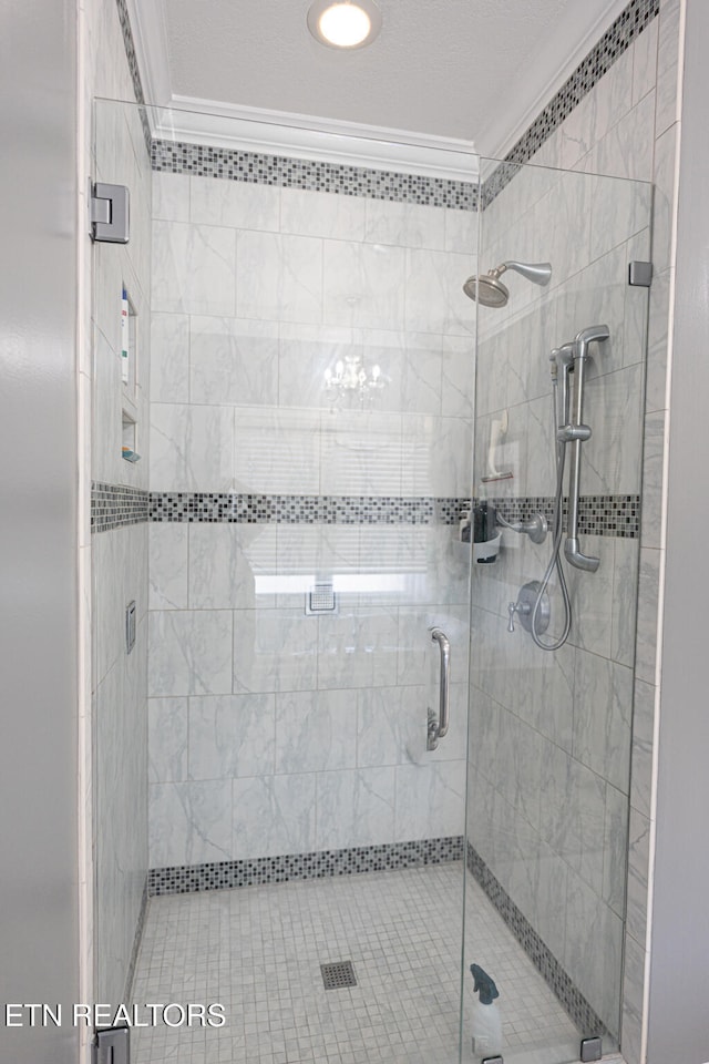 bathroom with ornamental molding and an enclosed shower