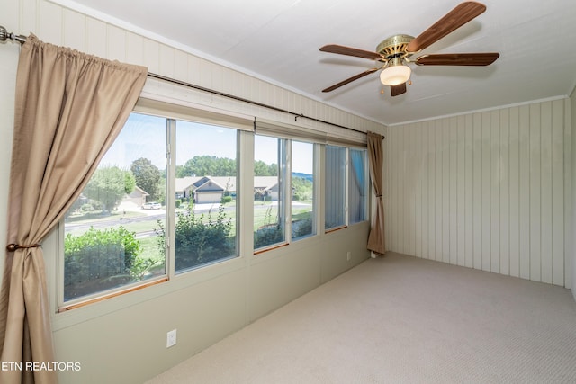 empty room featuring carpet, ornamental molding, and a ceiling fan