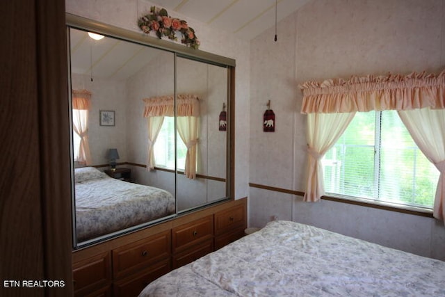 bedroom featuring a closet and lofted ceiling