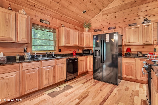 kitchen featuring wooden walls, black appliances, wooden ceiling, vaulted ceiling, and light hardwood / wood-style floors