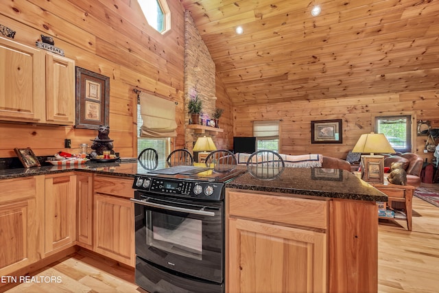 kitchen featuring wood walls, black range with electric cooktop, and light wood-type flooring