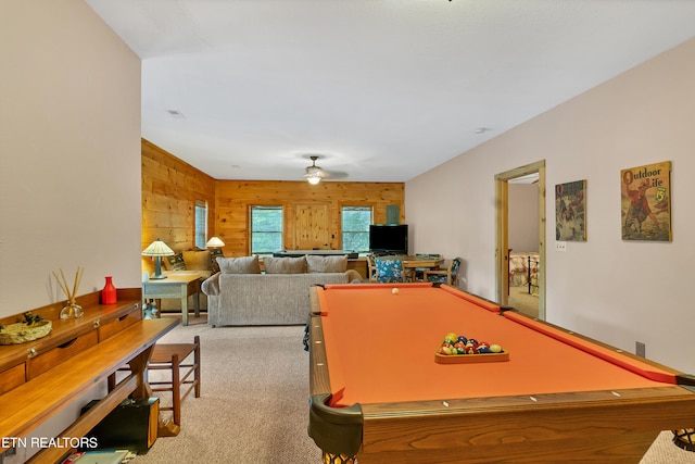 playroom with ceiling fan, carpet flooring, pool table, and wooden walls