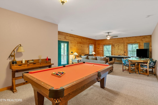 playroom featuring wooden walls, carpet flooring, ceiling fan, and billiards