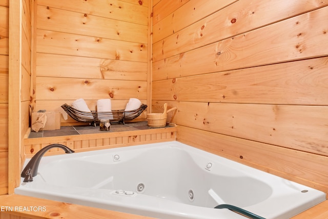 bathroom with wooden walls