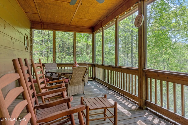 sunroom / solarium with ceiling fan and wooden ceiling