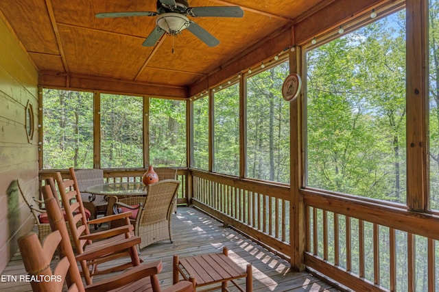 sunroom / solarium with a healthy amount of sunlight, ceiling fan, and wooden ceiling