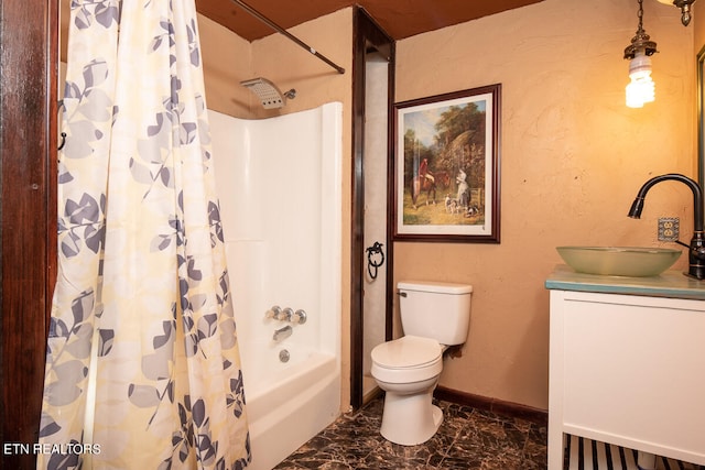 full bathroom with vanity, toilet, tile floors, and shower / bath combo with shower curtain