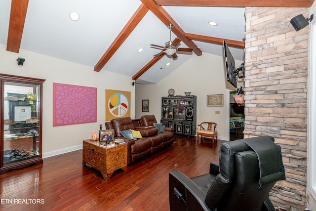 living room with ceiling fan, dark wood-type flooring, and lofted ceiling with beams